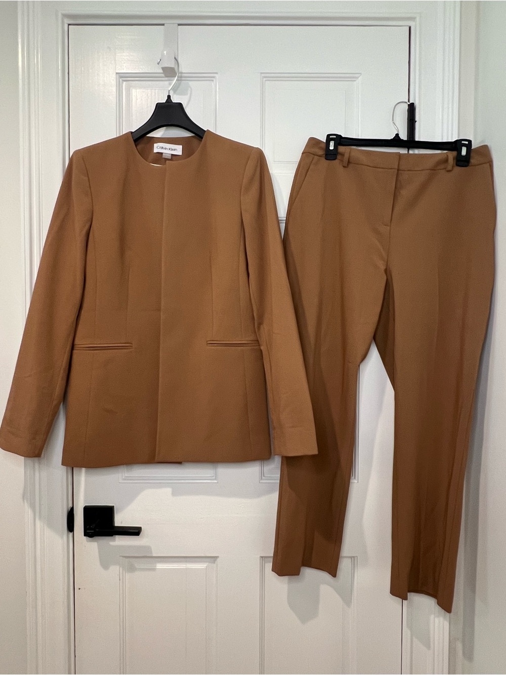 Calvin Klein Camel-Colored Collarless Blazer and Pants Set